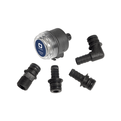 Filtro strainer Osculati Europump con 4 raccordi in plastica nera, corpo trasparente e logo blu