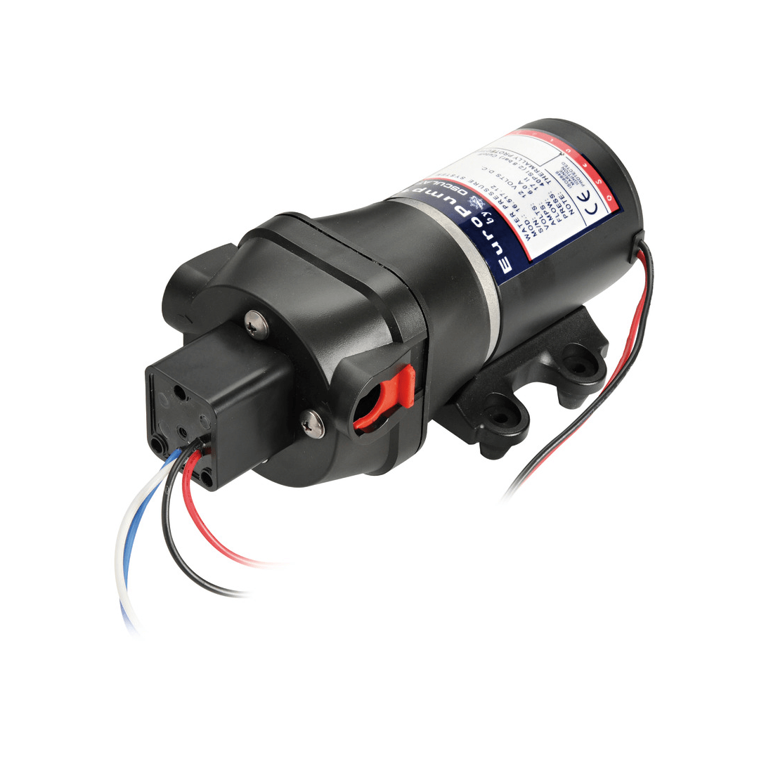 Pompa autoclave Europump Aquatec nera 12V con cavi rosso, blu e bianco e staffa di montaggio