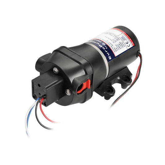 Pompa autoclave Europump Aquatec nera 12V con cavi rosso, blu e bianco e staffa di montaggio