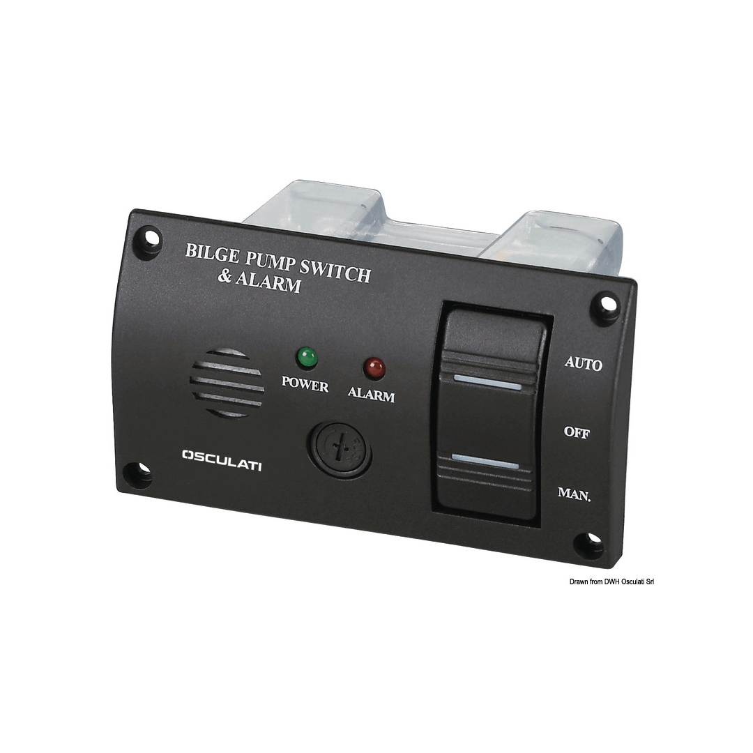 Pannello controllo pompa sentina nero con switch AUTO/OFF/MAN, led POWER verde e ALARM rosso