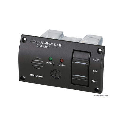 Pannello controllo pompa sentina nero con switch AUTO/OFF/MAN, led POWER verde e ALARM rosso