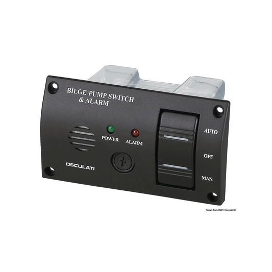 Pannello controllo pompa sentina nero con switch AUTO/OFF/MAN, led POWER verde e ALARM rosso