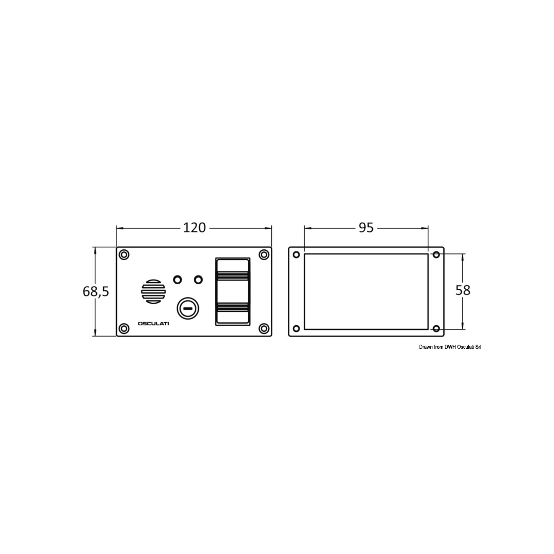 Scheda tecnica pannello controllo pompe sentina con allarme sonoro, dimensioni 120x68,5mm e 95x58mm