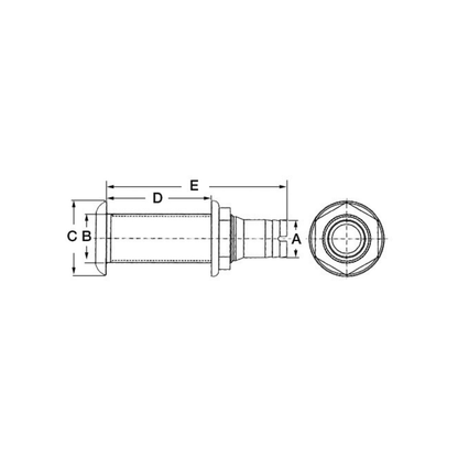 Scheda tecnica scarico nylon 1"-1/2 testa inox portagomma Ø38mm con valvola non ritorno, dimensioni A B C D E