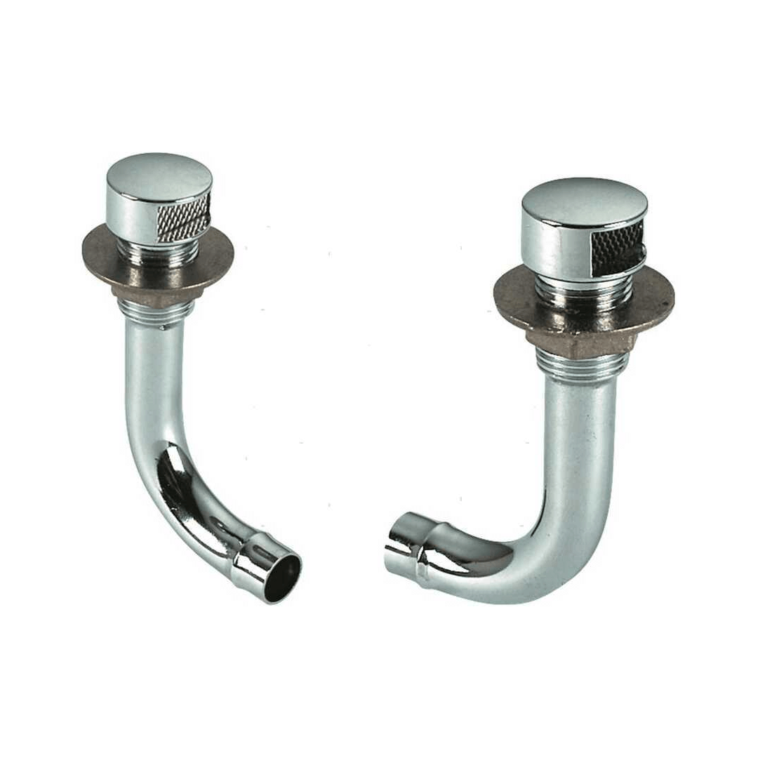 Coppia sfiati curvi 90° in ottone cromato Ø16 con tappo a vite, forma a J, omologati R.I.NA.