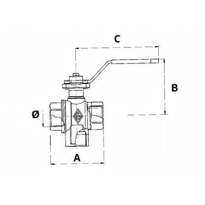 Valvola tre vie in ottone, disegno tecnico