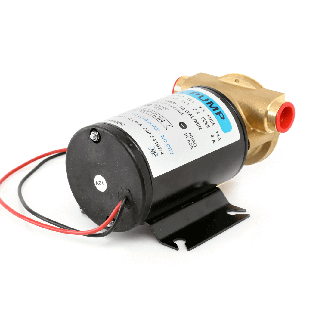 Pompa autoadescante bronzo dorata con motore nero 12V e staffa di fissaggio in metallo