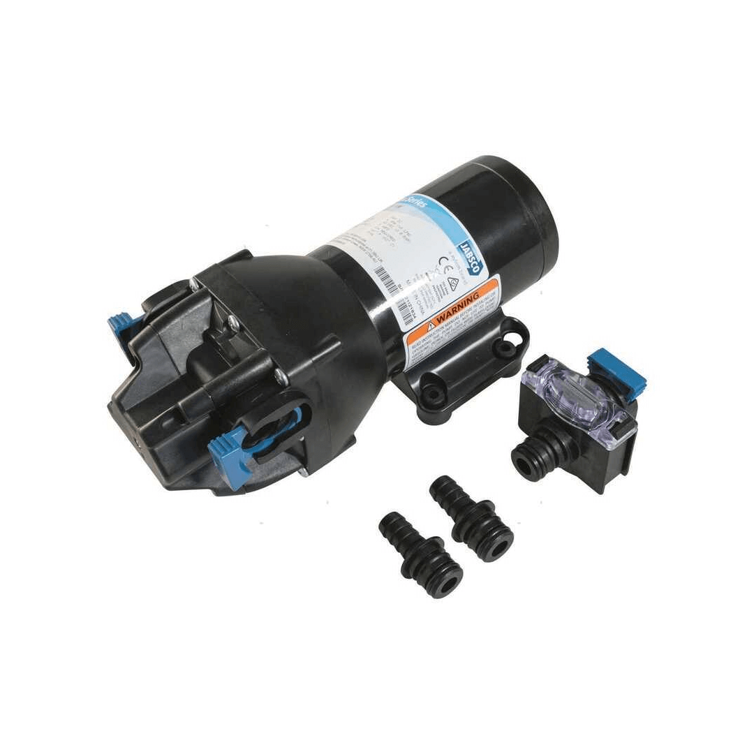 Pompa autoclave Jabsco Par-Max HD nera con raccordi blu, accessori e strumento di misura inclusi