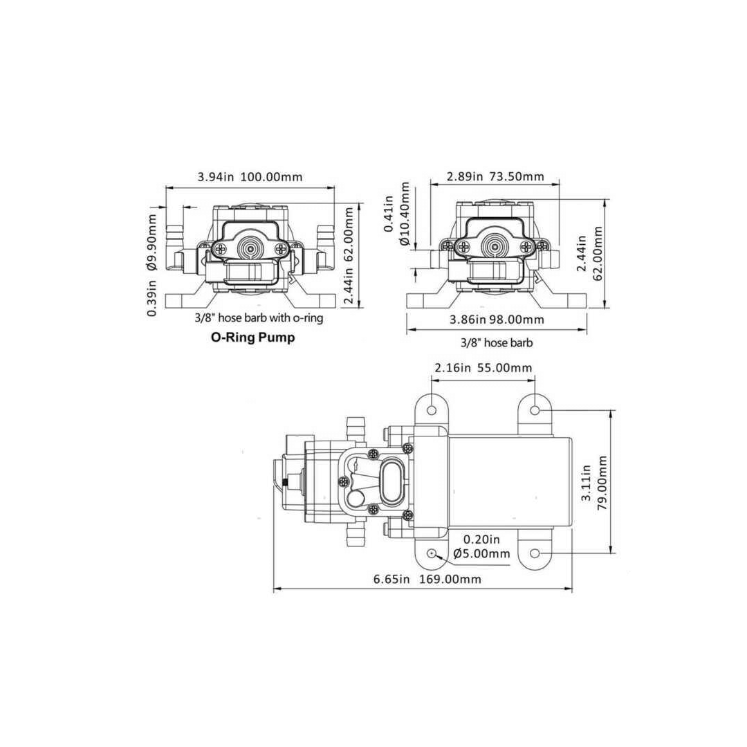 Scheda tecnica pompa autoclave Seaflo 3,8 lt/min 12V con dimensioni in mm e pollici, viste frontale e laterale