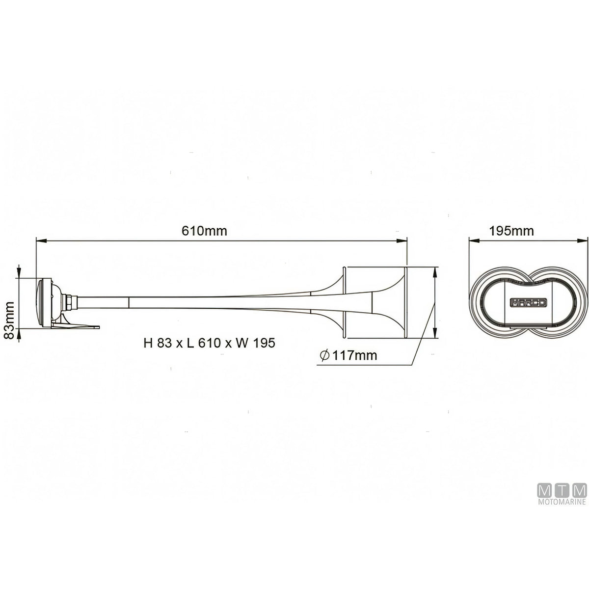 Marco tromba doppia con compressore in ottone cromato — 500 mm - 12V