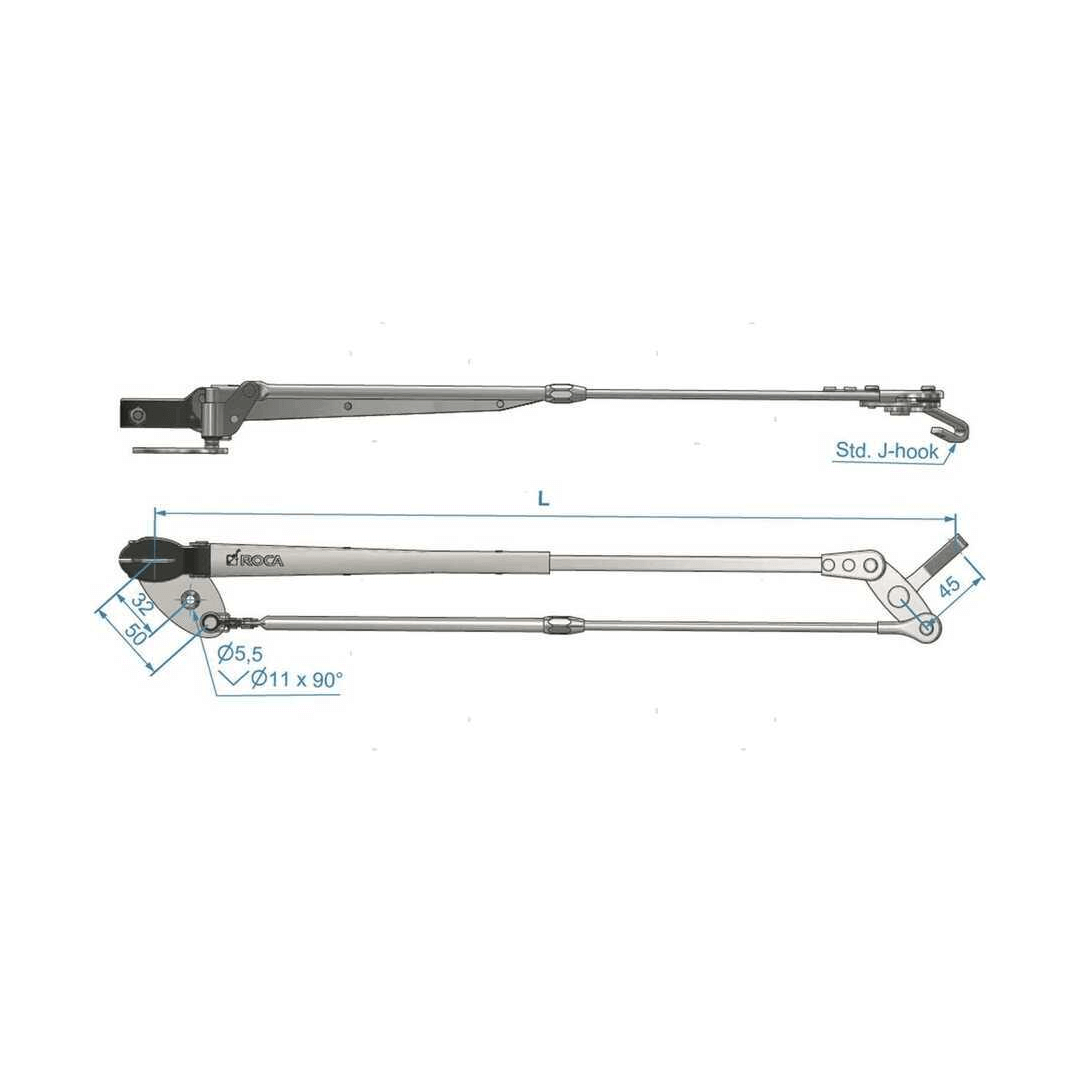 Scheda tecnica braccio tergicristallo telescopico pantografo ROCA SLIM inox brunito con quote e attacco J-hook