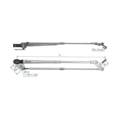 Scheda tecnica braccio tergicristallo telescopico pantografo ROCA SLIM inox brunito con quote e attacco J-hook
