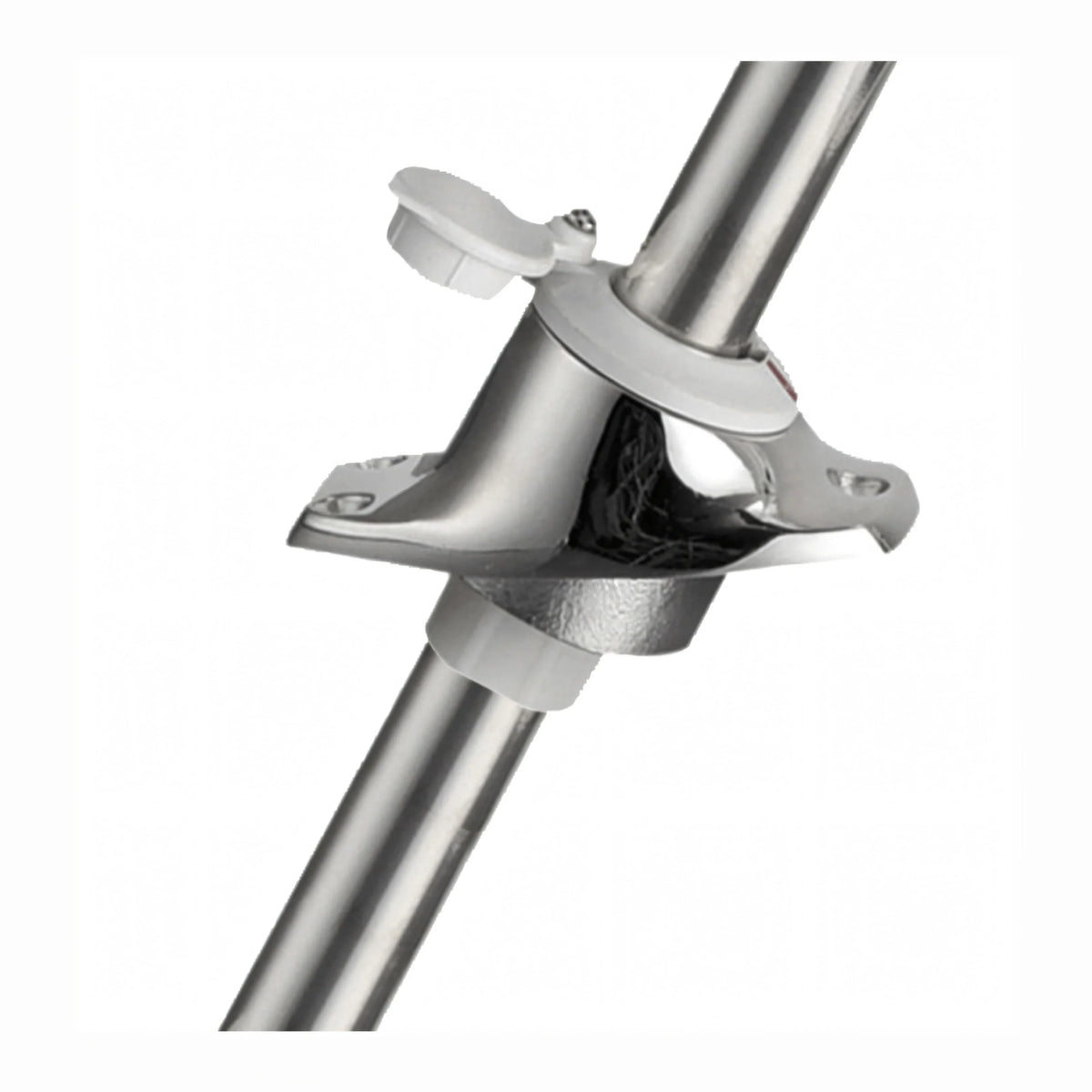 Dettaglio base in acciaio inox cromato con supporto a vite bianca per asta luminosa retrattile