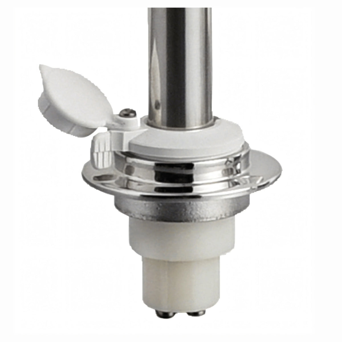 Fanale navigazione 360° su asta inox con base cromata e lente bianca, dettaglio supporto