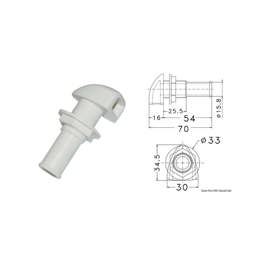 Sfiato in plastica bianca Ø 16 mm con cappuccio semisferico e scheda tecnica dimensioni 70x33 mm