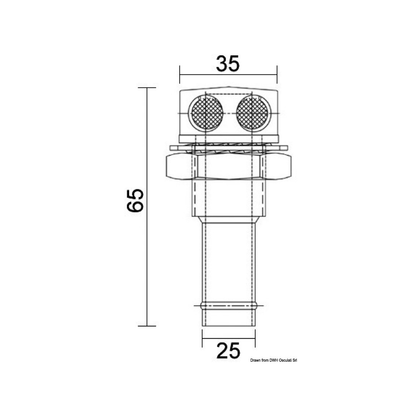 Scheda tecnica sfiato inox dritto 25mm: larghezza 35mm, lunghezza 65mm, bocchettone 25mm