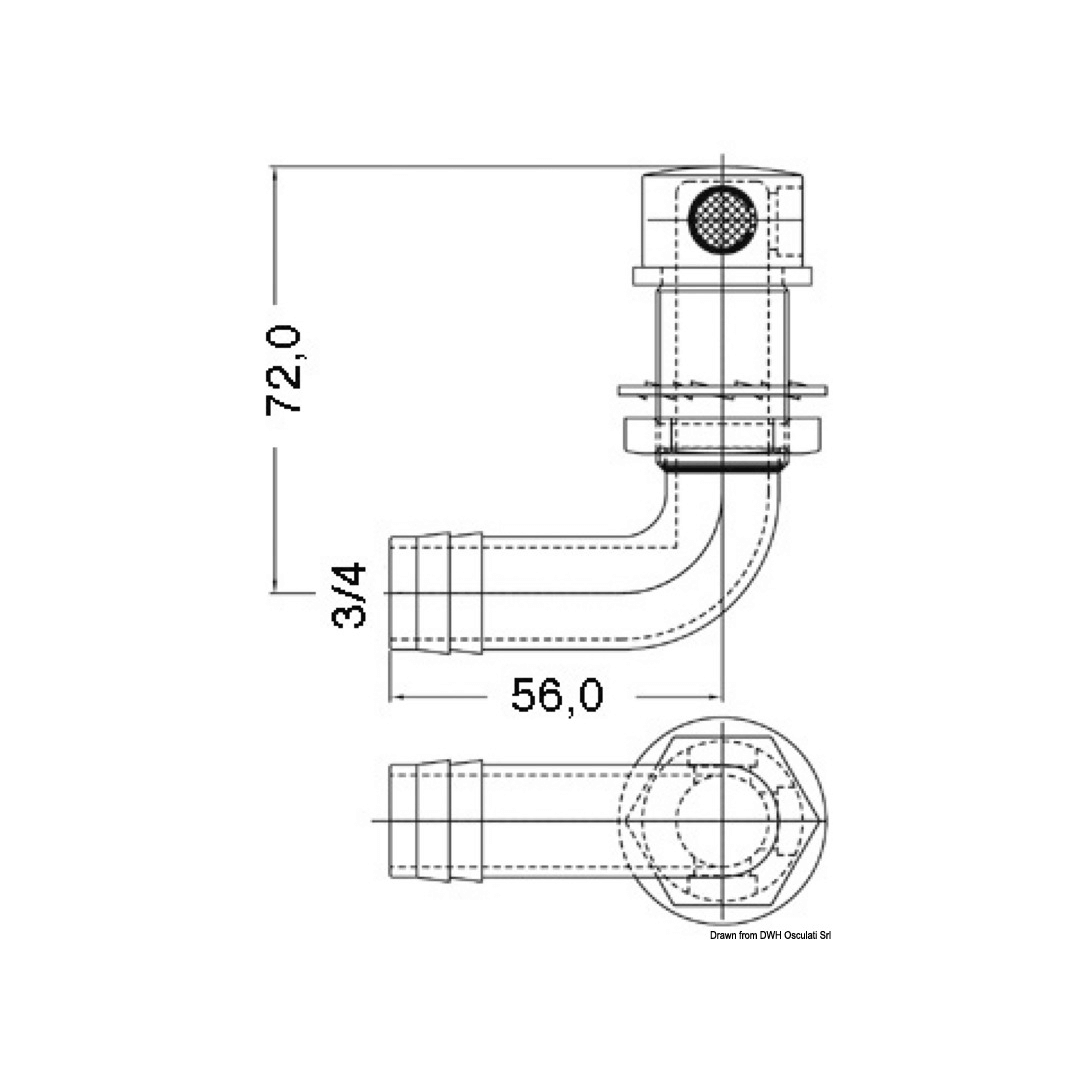 Scheda tecnica sfiato inox curvo 19 mm con dimensioni 72,0 mm altezza e 56,0 mm larghezza