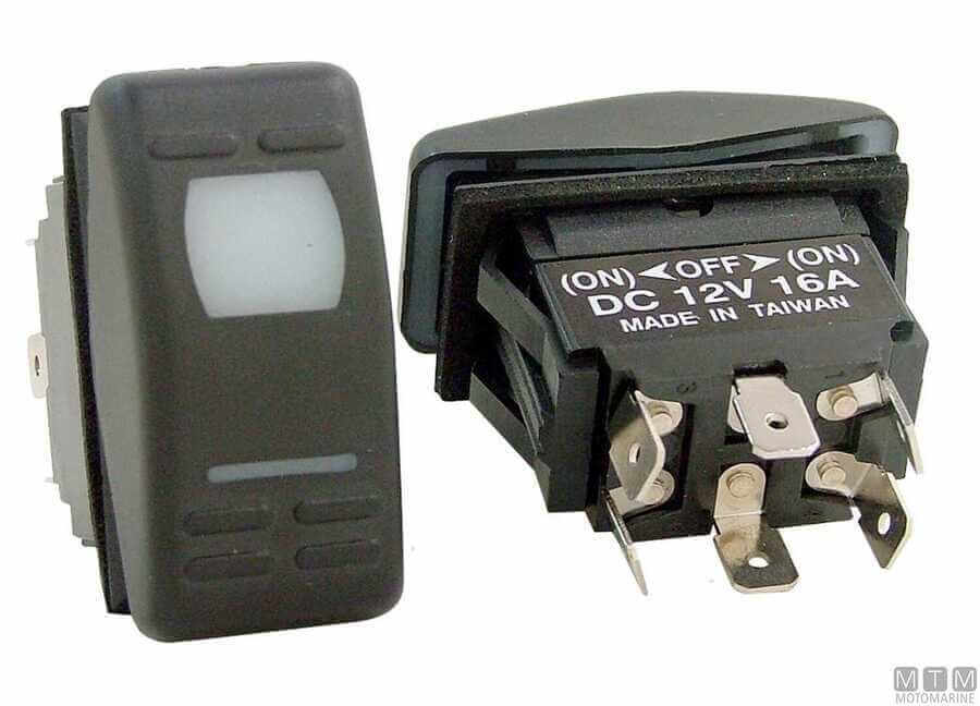 Interruttore a bilanciere impermeabile bipolare nero (ON)-OFF-(ON) IP55, fronte e retro, DC 12V 16A, 6 terminali