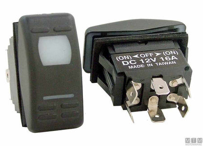 Interruttore a bilanciere impermeabile bipolare nero (ON)-OFF-(ON) IP55, fronte e retro, DC 12V 16A, 6 terminali