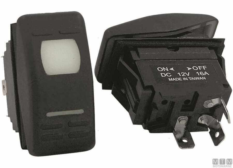 Interruttore a bascula impermeabile nero IP55 12V 16A con spia LED, vista fronte e retro con terminali
