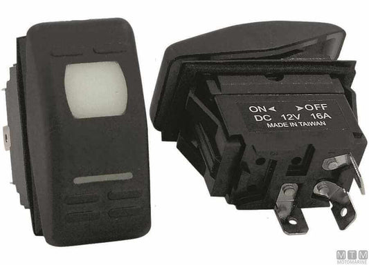 Interruttore a bascula impermeabile nero IP55 12V 16A con spia LED, vista fronte e retro con terminali