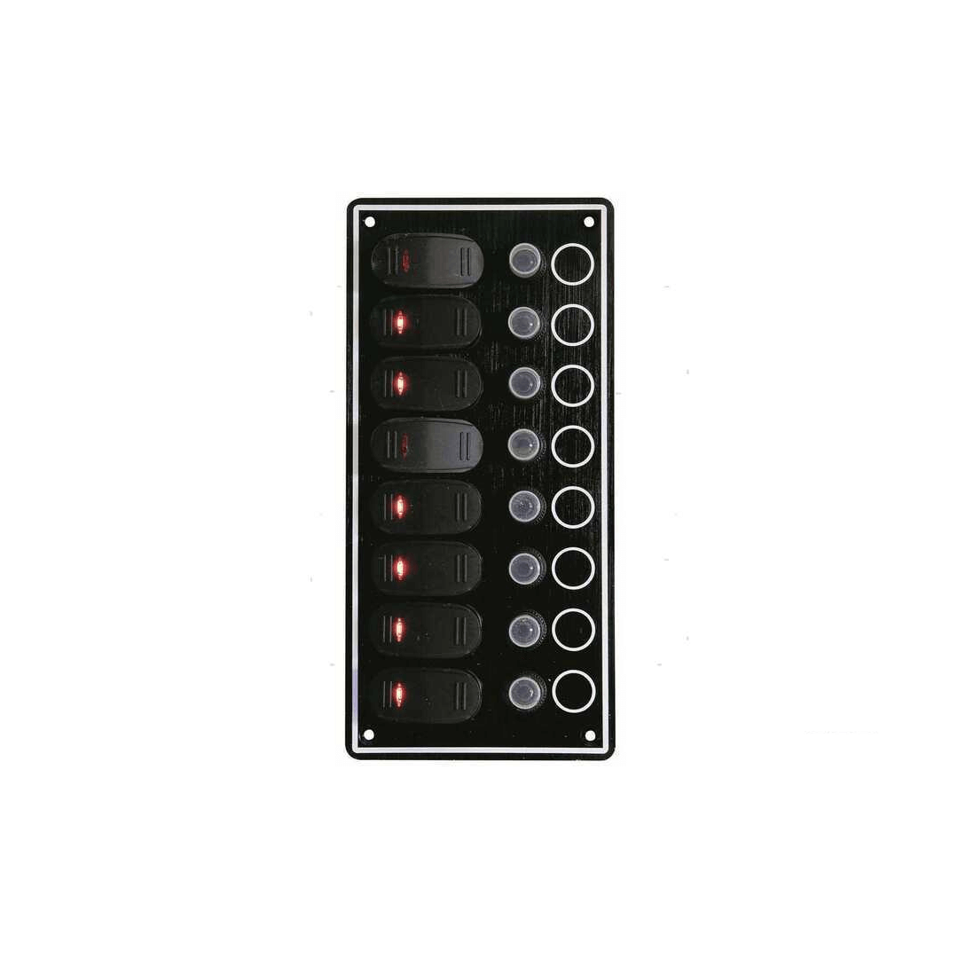 Pannello interruttori basculanti Contour nero 8 vie con LED rossi e fusibili a vite