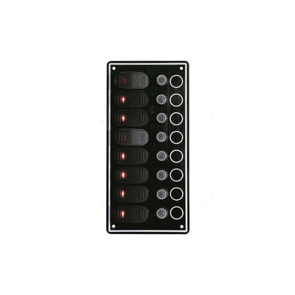 Pannello interruttori basculanti Contour nero 8 vie con LED rossi e fusibili a vite