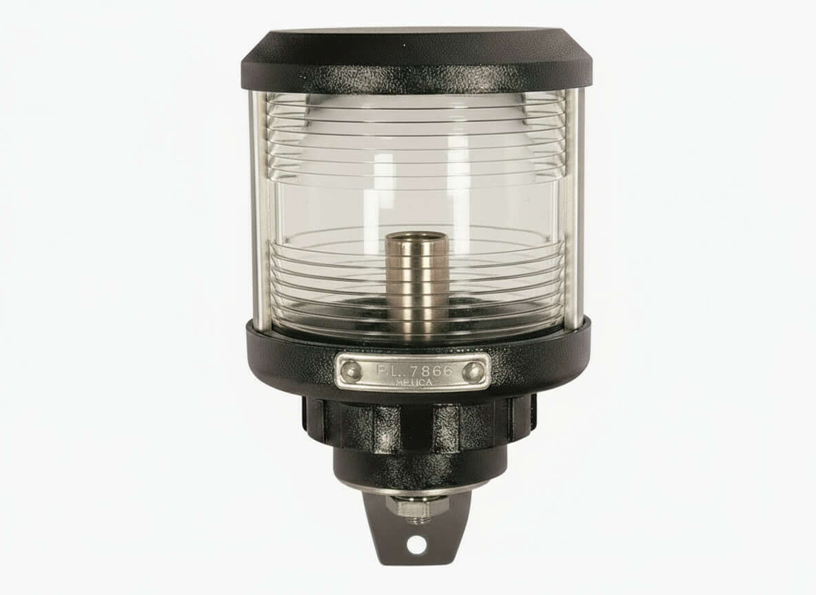 Fanale di via DHR bianco 360° BB35Z in plastica nera con lente fresnel trasparente e targhetta P.L.7866