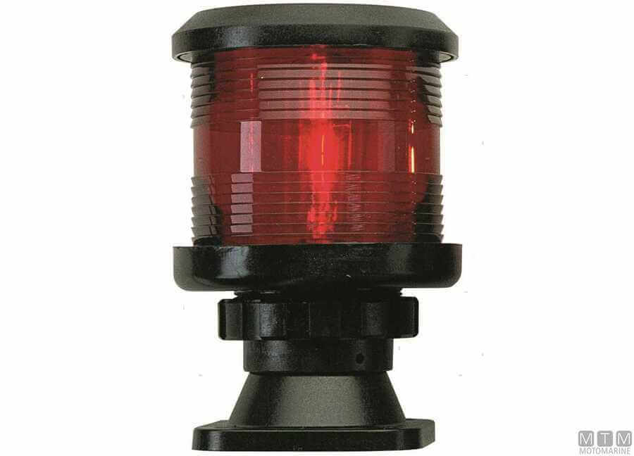 Fanale di via 360° rosso con corpo nero in plastica e base a piedistallo per barche
