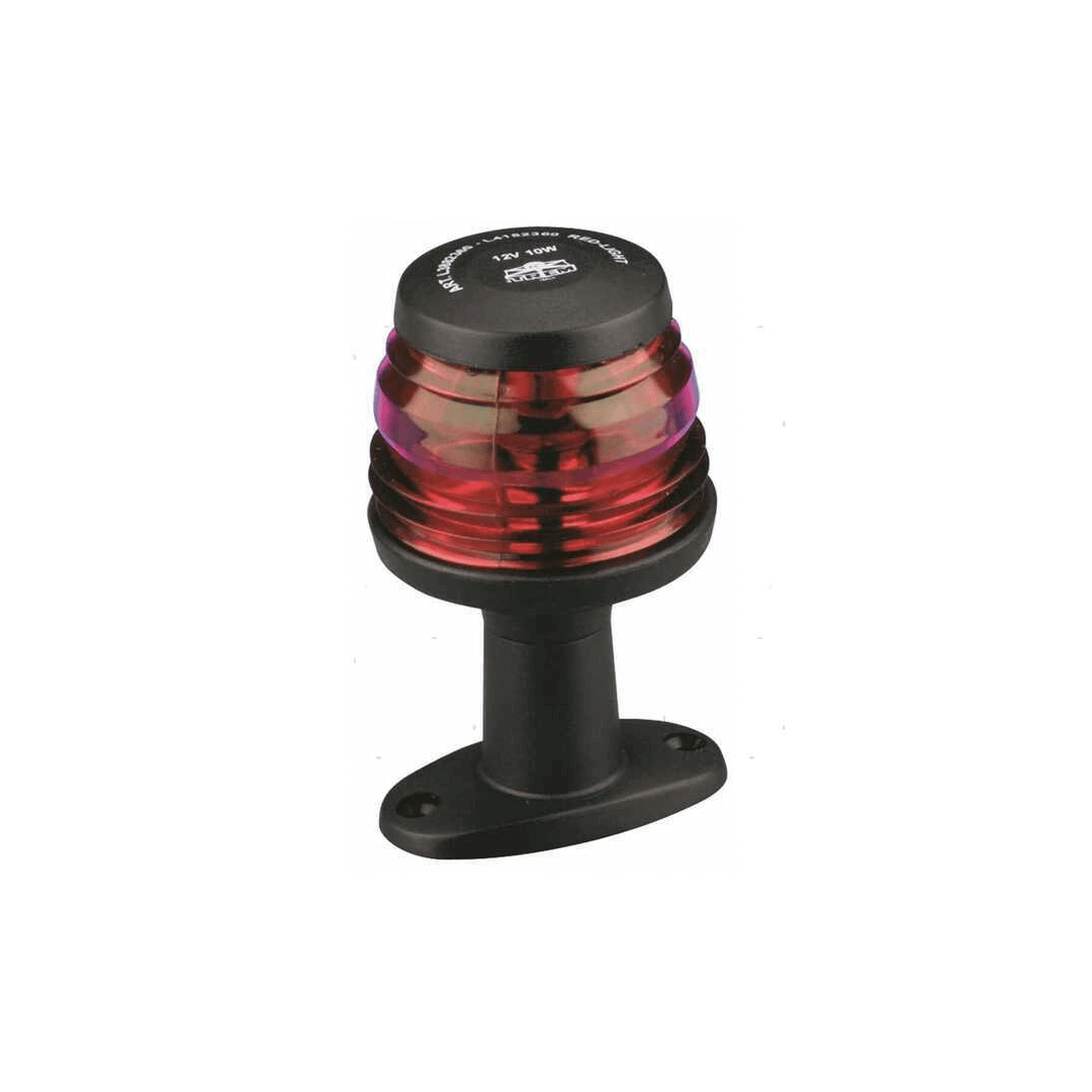 Fanale testa d'albero 360° rosso con corpo nero in plastica su base ovale, omologato R.I.N.A. 12V 10W