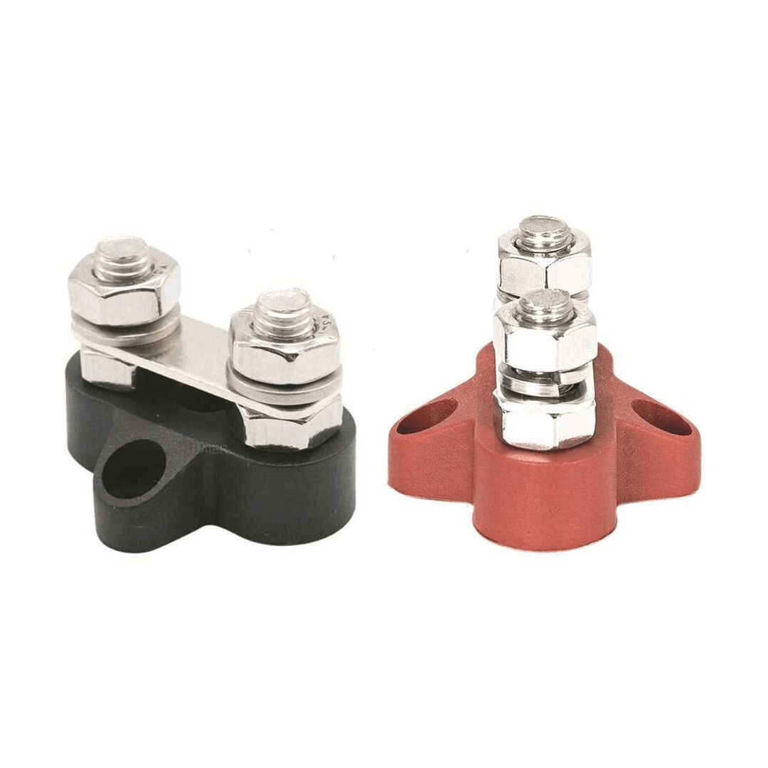 Nodo di derivazione 80A con base in plastica nera e rossa, morsetti doppi in acciaio inox
