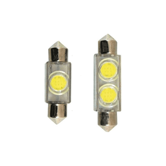 Lampadine siluro LED L35mm 1W: una con 1 LED e una con 2 LED, corpo trasparente, terminali metallici