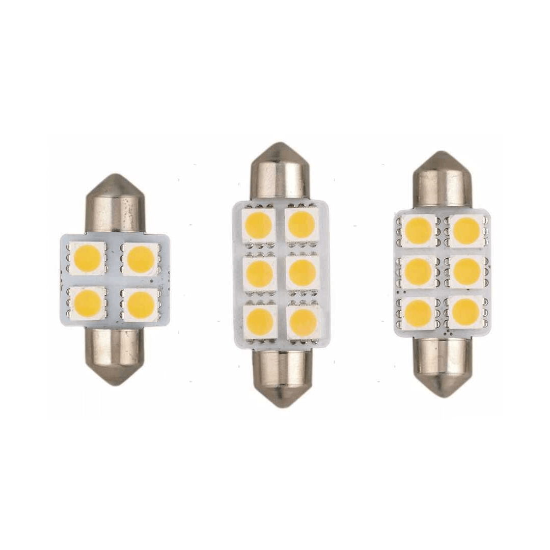 Tre lampadine siluro LED L39mm 1,2W con chip SMD5050 warm white e terminali in metallo argentato