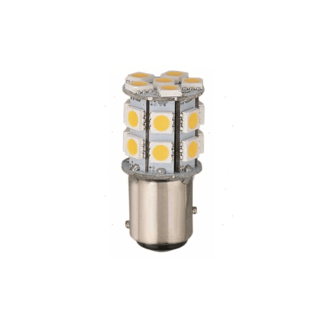Lampadina LED BAY15D con 18 SMD 5050 warm white, base baionetta metallica argentata