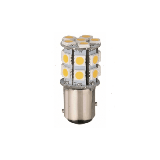 Lampadina LED BAY15D con 18 SMD 5050 warm white, base baionetta metallica argentata