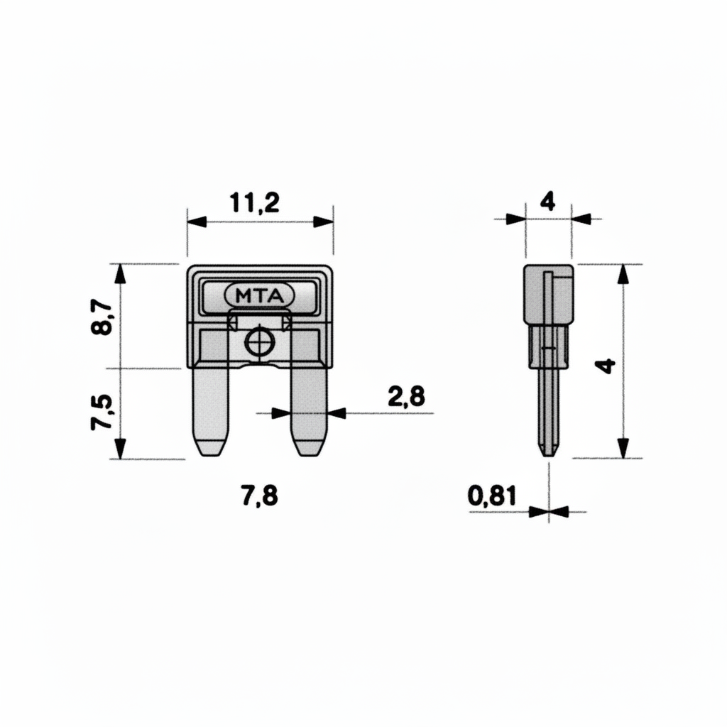 Scheda tecnica fusibile lamellare minival 15A MTA con dimensioni: larghezza 11,2mm, altezza 8,7mm