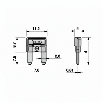 Scheda tecnica fusibile lamellare minival 15A MTA con dimensioni: larghezza 11,2mm, altezza 8,7mm