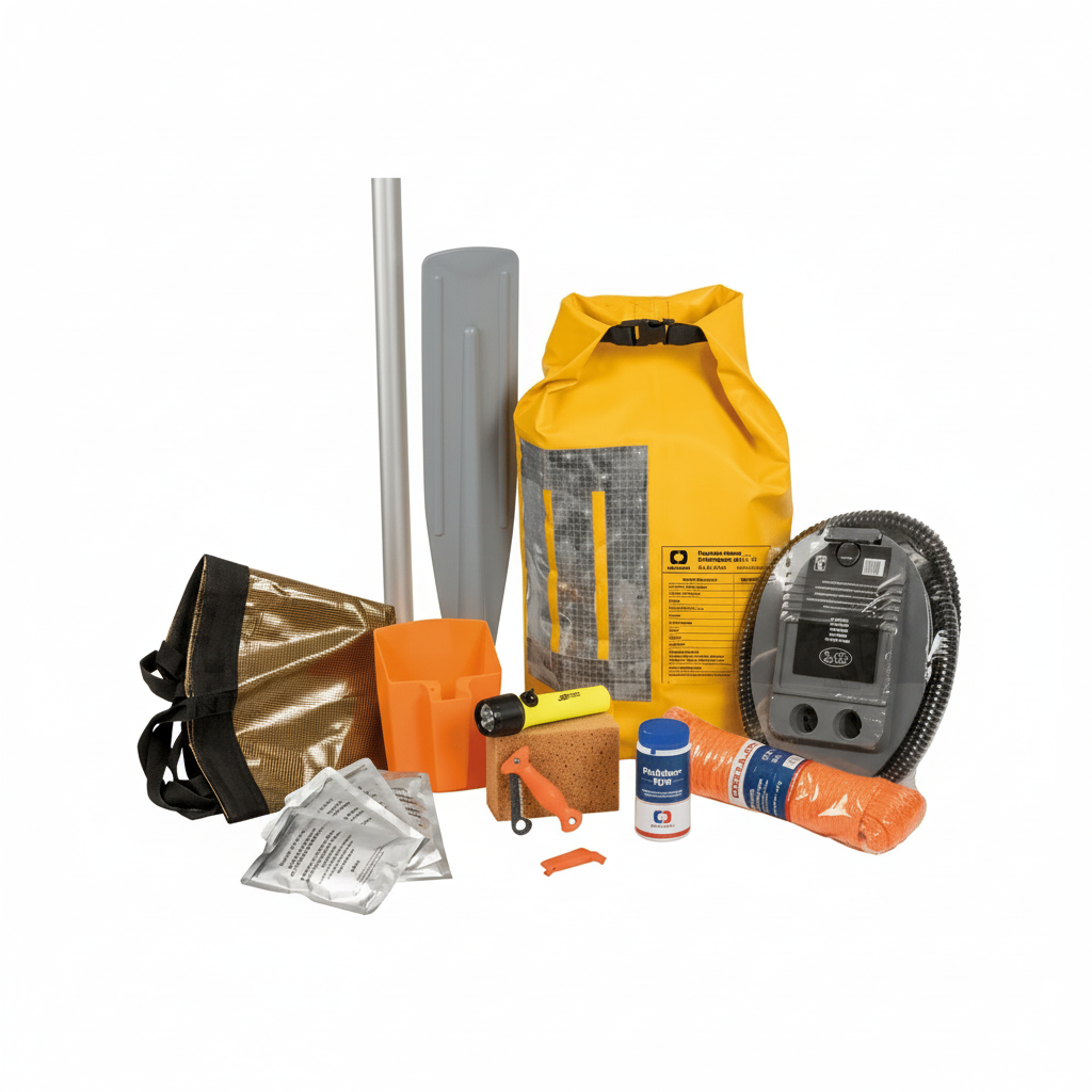 Kit sopravvivenza nautico giallo con pagaia, pompa, torcia, sagola, spugna e accessori di emergenza
