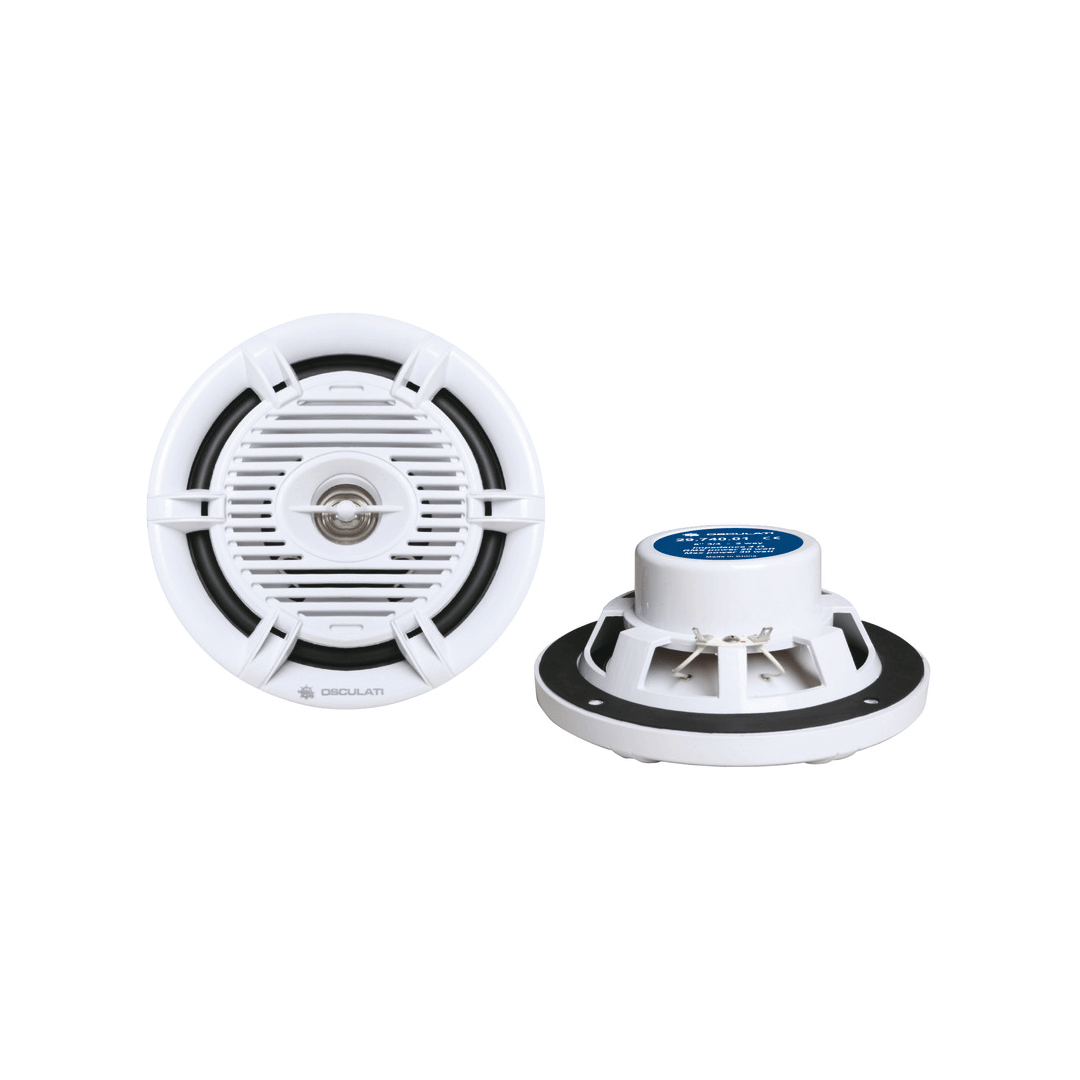 Coppia altoparlanti marini Osculati 2 vie bianchi, vista frontale e posteriore, griglia rotonda