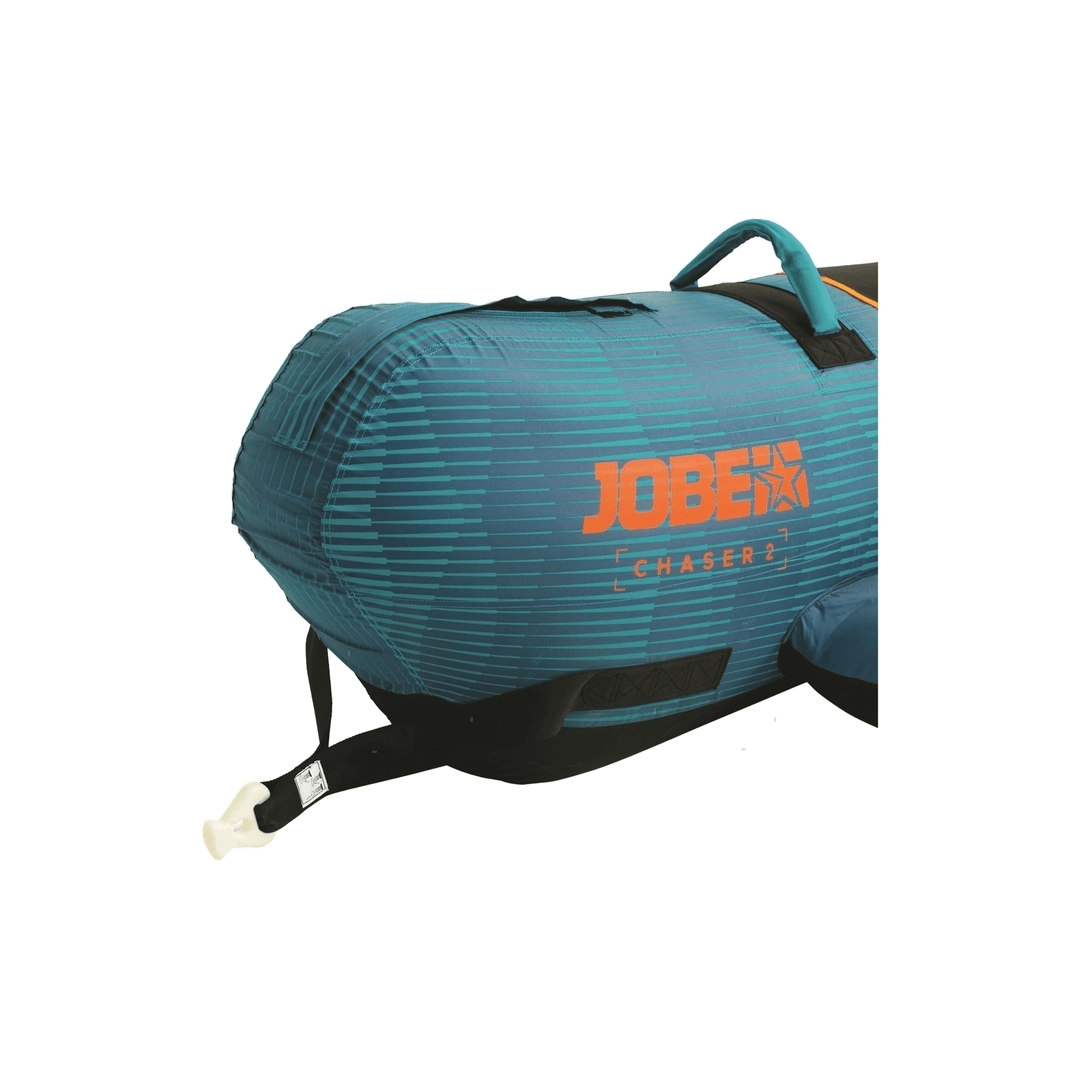 Ski tube JOBE Chaser 2 gonfiabile turchese con logo arancione, dettaglio anteriore con maniglia e attacco traino