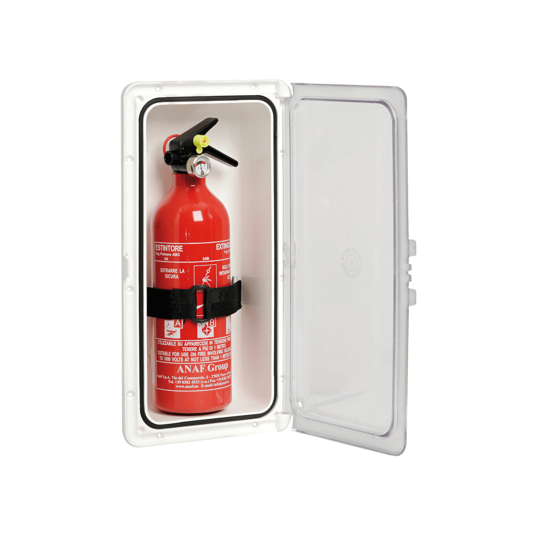 Vano porta-estintore bianco con portello trasparente aperto contenente estintore rosso ABC 1kg