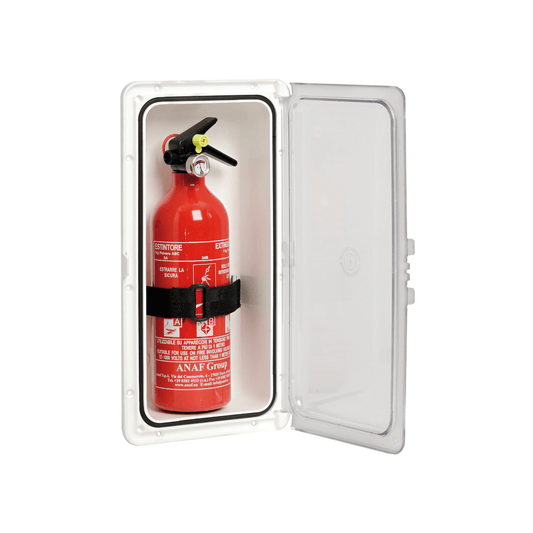 Vano porta-estintore bianco con portello trasparente aperto contenente estintore rosso ABC 1kg