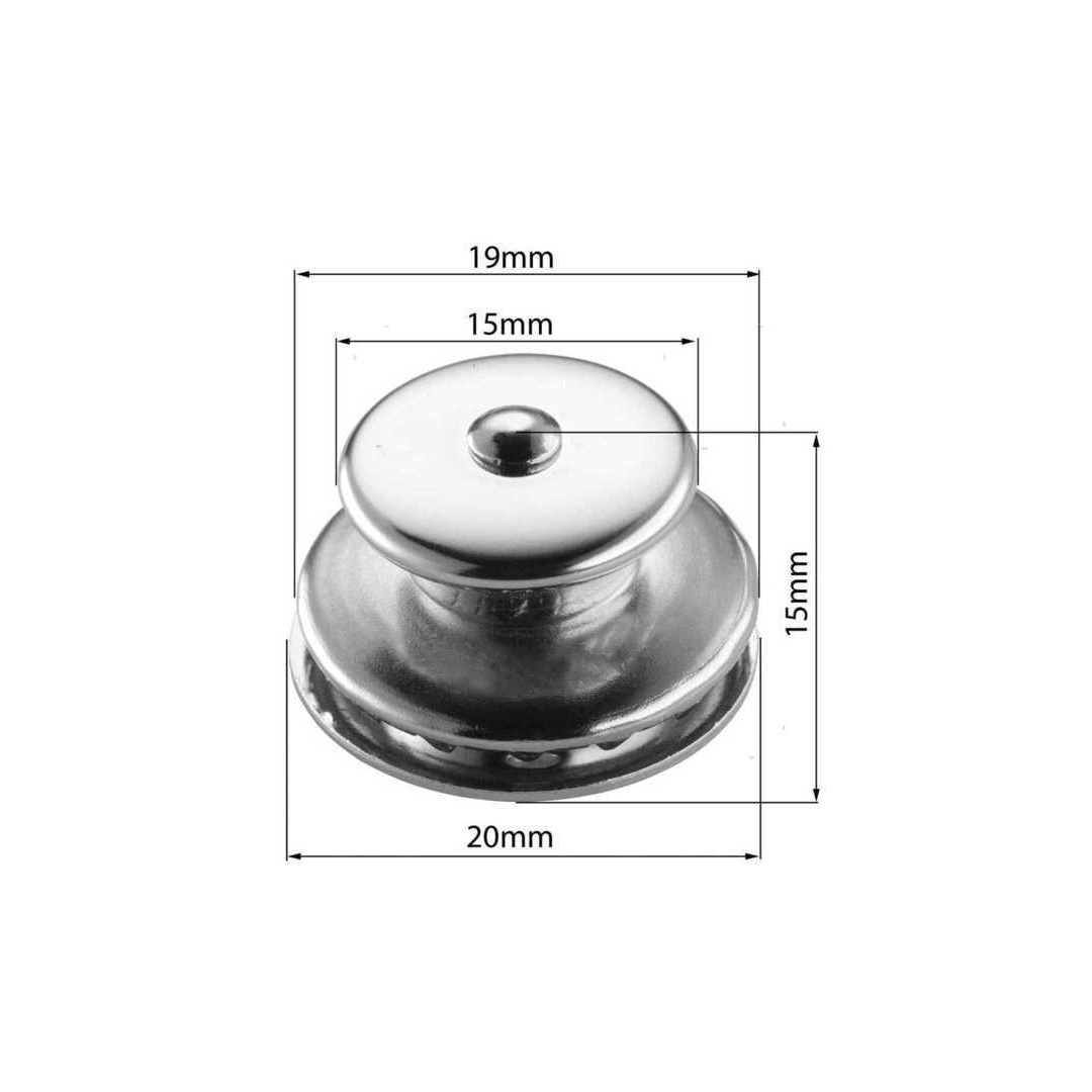 Scheda tecnica testa bottone Loxx acciaio inox lucido, dimensioni 19x15x20mm