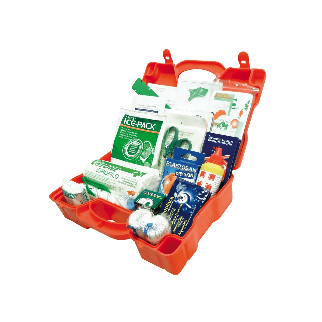 Cassetta pronto soccorso HELP arancione aperta con ice pack, cotone, bende e medicinali