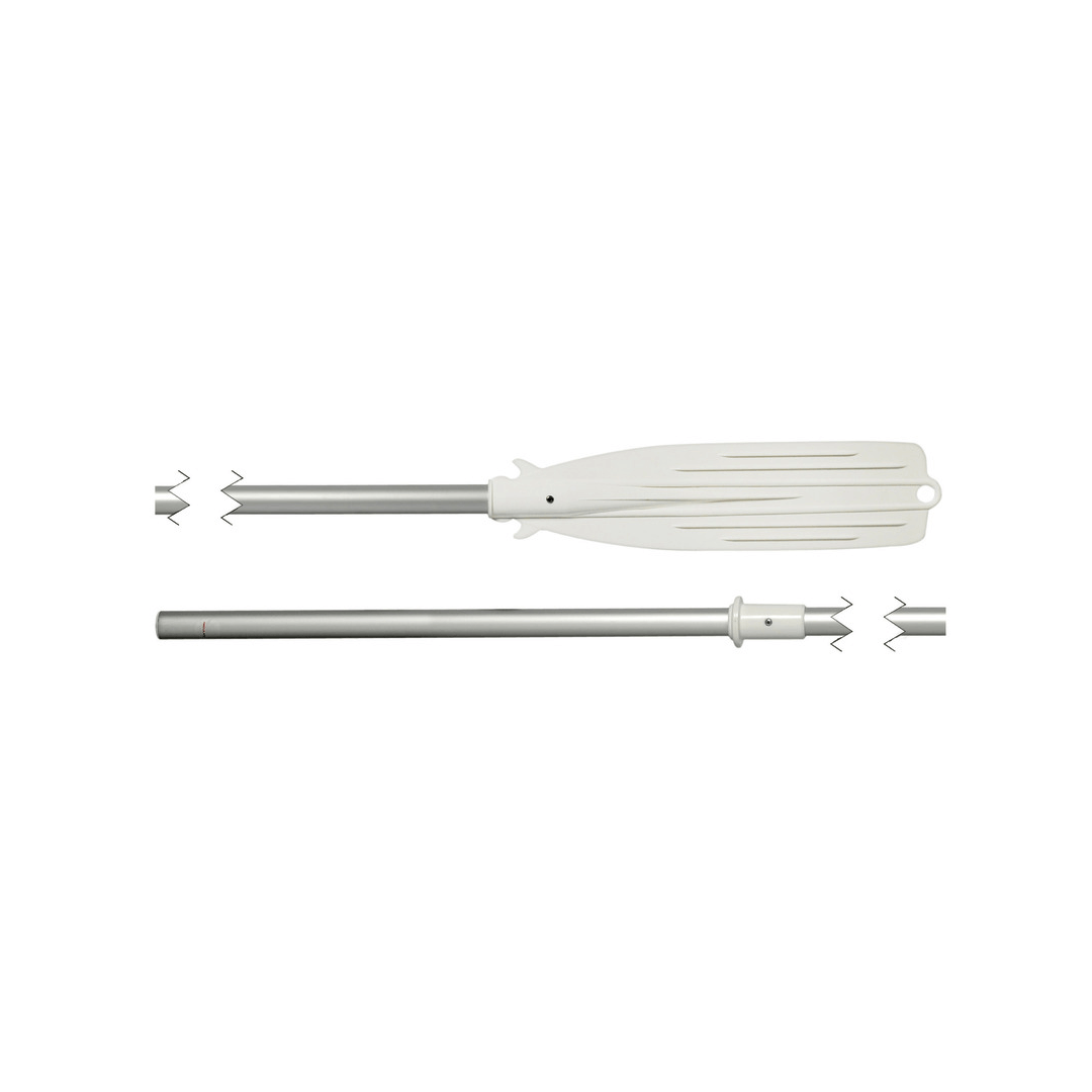 Remo in alluminio anodizzato argento smontabile con pala bianca, L 190 cm, mostrato in due sezioni