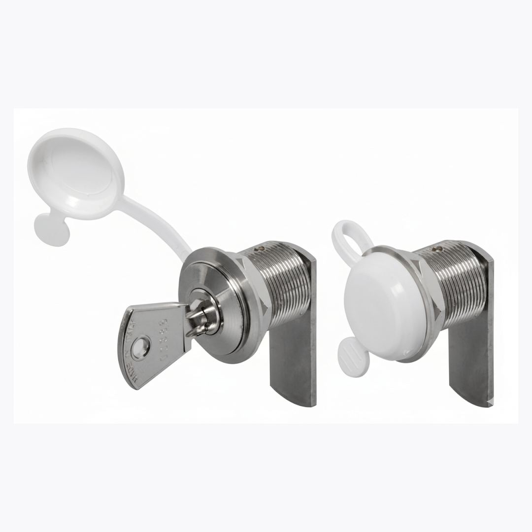 Serratura a cilindro 25 mm in acciaio inox con chiave e cappuccio bianco, vista fronte e laterale