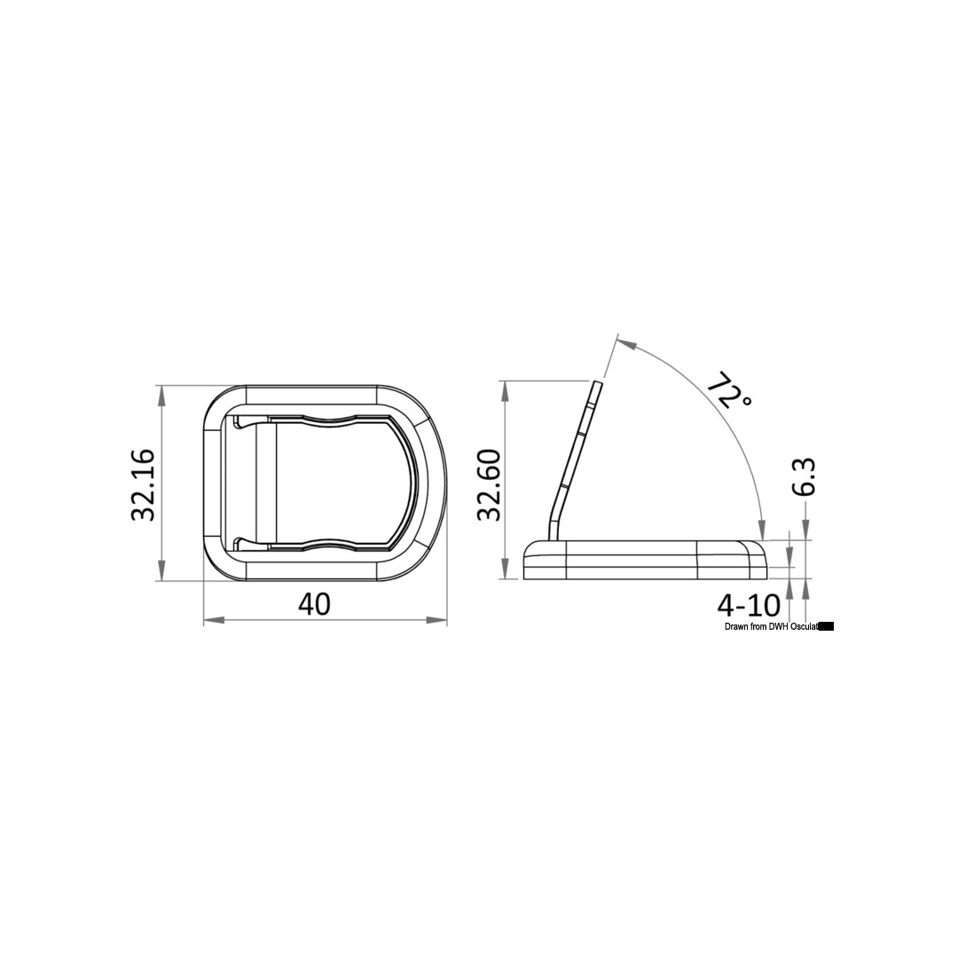 Scheda tecnica fermaporte magnetico acciaio inox AISI316 con dimensioni 40x32mm e angolo apertura 72°