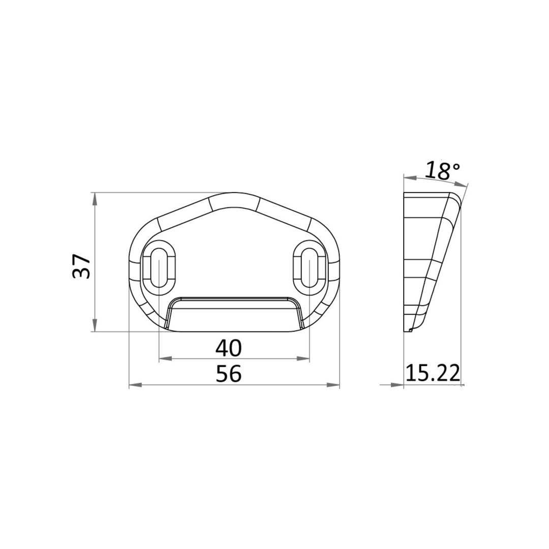 Scheda tecnica fermaporte magnetico acciaio inox AISI316 con dimensioni 56x37mm, profilo 15.22mm e angolo 18°