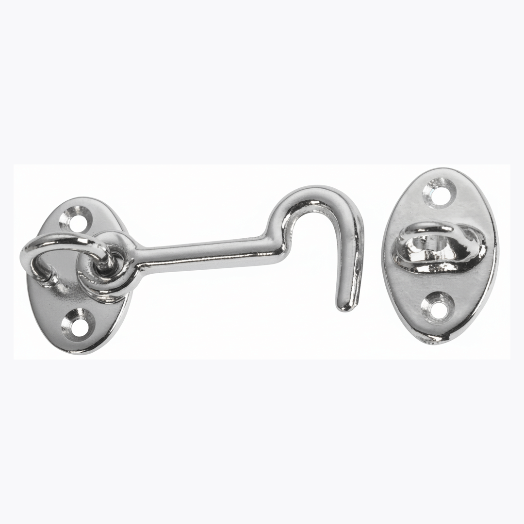 Gancio fermaporte 60 mm in ottone cromato lucido con piastra ovale e occhiello, vista completa