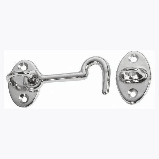 Gancio fermaporte 60 mm in ottone cromato lucido con piastra ovale e occhiello, vista completa
